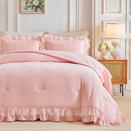 Joyreap King Size Comforter Set Blush Pink, 3pcs Lace Ruffled Bedding Comforter Set, Microfiber Vintage Boho Chic Bedding Set for All Season- 100x88 inches