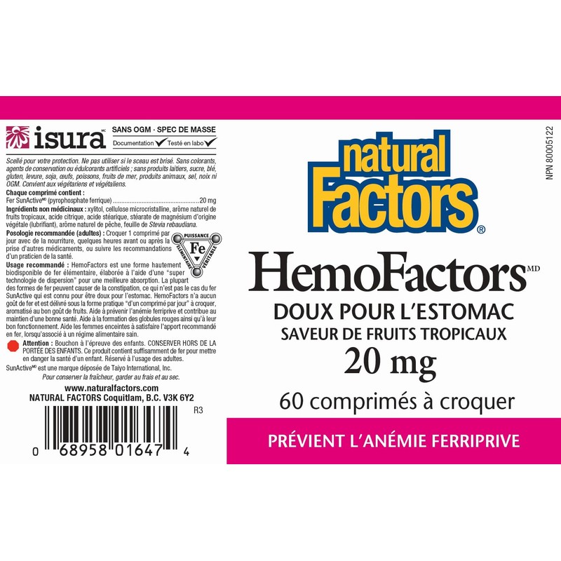 Natural Factors HemoFactors Easy on Stomach Iron 20 Milligram 60