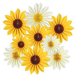 Sunflower Party Decorations, 9pcs Yellow Hanging Paper Fans for Baby Showers, Birthdays and Summer Events, Sunflower Themed Wall Decor, Floral Party Supplies, Spring and Summer Home Decor