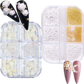 2Box Flower Nail Art Charms 5D White Camellia Nail Decoration 3D Nail Art Supplies Round Pearls Caviar Beads Nails Charms Tips Nail Accessories for Women DIY Acrylic Nail Art Design