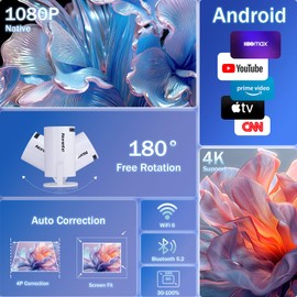 [Built-in Apps] Mini Projector with WIFI 6 and Bluetooth 5.2 1080P 4K, Portable Projector 180° Rotatable 130'' Screen Smart Projector Auto Horizontal Correction Compatible for Laptop PC White