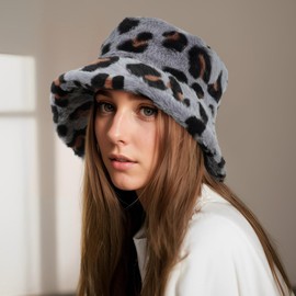 KRUIHAN Winter Hats for Women Thermal Fluffy Bucket Hat Leopard Print Fur Hats for Women Windproof Women's Hats & Caps,Grey
