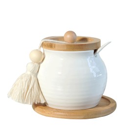 SDALI HOME Sugar Bowl with Lid and Spoon,White Ceramic Sugar Container With Bamboo Lid and Tray,Dia 3.4'' H 4''|12oz