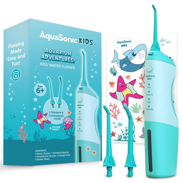 AquaSonic Kids' Water Flosser for Ages 6+ | Standard Nozzle, Orthodontic Nozzle & Waterproof Stickers | 4 Flossing Modes | Aquarium Adventures Theme (Blue)