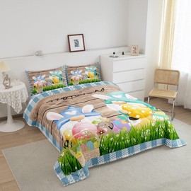 Happy Easter Comforter Set Queen Size Cute Rabbit Gnomes Bedding Set 3pcs for Kids Girls Boys Bedroom Blue Grid Watercolor Quilt Set Rustic Farmhouse Brown Wooden Duvet Insert,2 Pillowcases