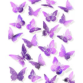 72Pcs 3D Butterfly Wall Decor, Purple Butterfly Decorations, 6 Styles 3 Sizes Removable Butterfly Wall Stickers Room Decor for Birthday Party