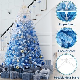 Yaheetech 7.5ft Premium Snow Flocked Artificial Christmas Tree Hinged Pine Full Holiday Xmas Tree for Home Office Party Decoration w/1284 Branch Snow Tips & Metal Stand, Blue Gradient & White