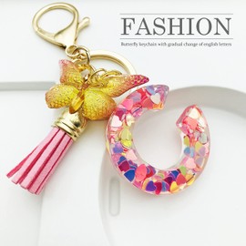 JINGUAZI Initial letter Keychains for Women Tassel Butterfly Pink Cute Car Keychain for Wallet Purses Backpack (Pink C)