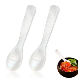 Mother of Pearl Spoons, Set of 2 - 9 cm White Caviar Spoons with Straight Handle, Ideal for Fish Caviar, Sushi and Delicacies, High Quality White Mother of Pearl Material for Elegant Serving