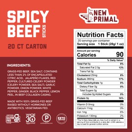 New Primal Grass-Fed Spicy Beef Sticks, Keto, Gluten Free Healthy Snacks for Adults, Sugar Free Low Carb High Protein Snack, Paleo Whole30 Jerky Stick, 9g Protein, 20 Ct