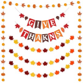 Piacolnic Give Thanks Banner, 5 Pieces Thanksgiving Decoration Flag Pull Banner, Maple Leaves Fall Banner Thankful Give Thanks Banner for Autumn Fireplace Party Celebrations Decorations