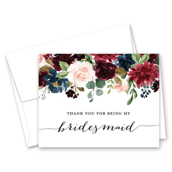 Navy Burgundy Floral Bridesmaid Thank You Cards - Bridal Party Thank You Cards - Set of 10