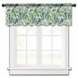 Funnywall88 Green Tropical Leaves Sheer Curtain Valances for Kitchen Windows, Summer Country Style Chiffon Window Treatments Rod Pocket Short Topper Valance for Living Room Bathroom 54x18 Inch