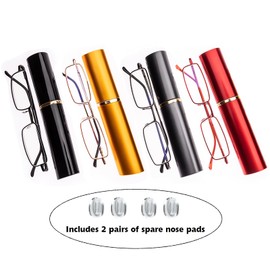 OWTXIS Slim Pen Reading Glasses for Men Women, Blue Light Blocking 4 Pack Small Tube Reader Glasses with Portable Clip Case, +1.25