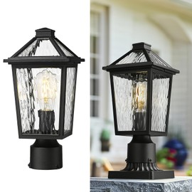 zeyu 13 Inch Outdoor Post Light Fixture, Modern Exterior Pole Light for Garden Patio, Die-Cast Aluminum with Water Ripple Glass, Black Finish, ZX58P-SW BK