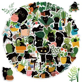 Pack of 60 Cats and Plants Stickers, 4-6 cm Cute Waterproof Black Cat Stickers, Cartoon Kawaii Laptop Cats Vinyl Stickers for Skateboard, Bicycle, Moped, Motorcycle, Scrapbooking