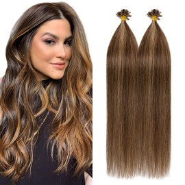 Silk-co Pre Bonded Hair Extensions 100 Strands 1g/s Keratin Nail U Tip Nail Fusion 100% Real Remy Human Hair Extension Straight (16inch 100g, #4/27 Medium Brown&Dark Blonde)