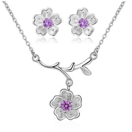 Uloveido Women Purple Cherry Flower Earrings and Necklace Set for Bridal Wedding Anniversary Flower Pendant Jewelry Set DT340 (Purple)