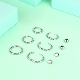 Surgical Stainless Steel Hoop Earrings 10mm/12mm/14mm Small Huggie Ball Bead Hoop Earrings for Women and Men (D: Silver (Diameter 10mm/12mm/14mm),3 Pairs)