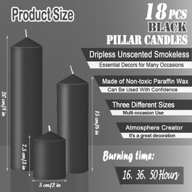 Veiuwa 18 Pcs Black Pillar Candles Bulk Set，Hurricane Candles，3 Different Lengths (6 Each)，Dripless Unscented Smokeless，Gives You a Better Atmosphere When Organizing Wedding or Event Party.