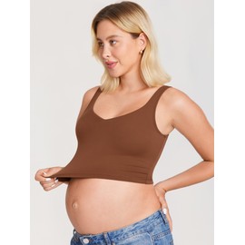 MOMANDA Nursing Tank Top V Neck Sports Tank with Built in Bra Padded Breastfeeding Sleeveless Crop Tops Croissant Brown M