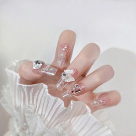 Nail Tip, Long Nail Tip, 24 Pieces, Japanese Style, Dreamy, Glitter, Nail Tip, Long, Pink, Gal, Shiny, Bride, 3D, Fake Nails, Handmade Nail Tip, Korea, Popular, Stylish, Gel Nail Stickers, Coming of