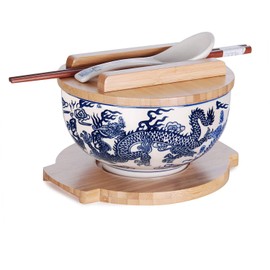 Happy Sales HSKM-DRGNB2, Japanese Kamameshi Vintage Style Rice Noodle Ramen Bowl with Bamboo Lid Trivet Chopsticks and Porcelain Spoon Bowl Set, Royal Dragon