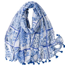 WaJuemy Boho Scarf Shawl Wrap for Women Casual Lightweight Linen Pashmina Scarves Fashion Dreamsoft Travel Scarves Shawls Wraps(55 White/Blue Boho)
