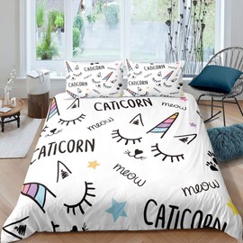 Girls Unicorn Duvet Cover Girly Cute Cartoon Dreamy Cat Comforter Cover Lovely Magical Kitten Animal Bedding Set For Kids Children Fantasy Unicorn Themed Bedspread Cover Room Decor Double Size