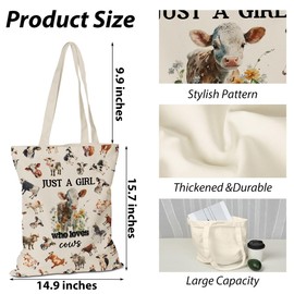 Ggjgrpx Aesthetic Canvas Tote for Cow Lovers, Cow Gifts for Women Girls, Just A Girl Who Loves Cows Decor, Birthday Friendship Gifts for Sister Bestie Coworker