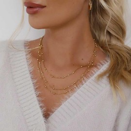 Xduargs Boho Layered Satellite Chain Necklace Gold Ball Bead Necklace Vintage Beaded Chain Choker Multilayer Round Ball Collar for Women