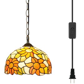 Blivuself Tiffany Pendant Light Fixtures 12inch Yellow Sunflower Stained Glass Pendant Lighting Vintage Style Hanging Lamp for Home Decor Kitchen Island Dining Room Hallway Bar