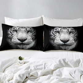 Women Tiger Bedding Set Men Wild Animal Theme Fitted Sheet for Boys Girls Teens Black White Wildlife Style Bed Sheet Set Breathable Safari Cat Bed Cover Room Decor Double Size
