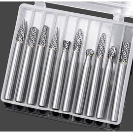 10pcs Carbide Burrs Set, 1/4"Cutting Diameter 1/4"(6mm) Shank Diameter Double Cut Solid Carbide Rotary Burr Set for Die Grinder Drill, Metal Carving, Polishing, Engraving, Drilling