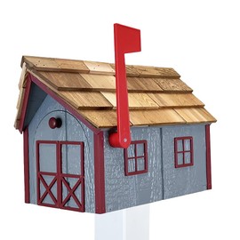 Peaceful Classics Amish Cedar Roof Wooden Mailbox with Window & Door Trim, Handcrafted Mailboxes for Outside, Post Mount Residential Mailboxes (Gray & Burgundy, Wood)