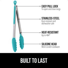 GORILLA GRIP Stainless Steel Heat Resistant Kitchen Tongs for Cooking, Set of 2 BBQ Tong, Non Scratch Silicone Tip for Pans, Strong Grip, Grab Food, Salad, Air Fryer, Pull Lock, 7 + 9 Inch, Turquoise