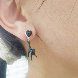 TseenYi Black Cat Earrings Small Heart Stud Earrings Cat Dangle Earrings Animal Dangle Drop Earrings Jewellery for Women and Girls Gifts, Alloy Steel