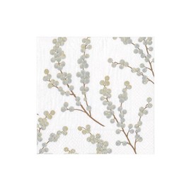 Caspari Berry Branches Paper Cocktail Napkins in White & Silver - Four Packs of 20