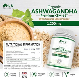 Organic Ashwagandha KSM-66® 1200mg - 180 Vegan Capsules not Tablets - High Strength Ashwaganda Root Extract with Organic Black Pepper - Made in The UK - Nu U Nutrition