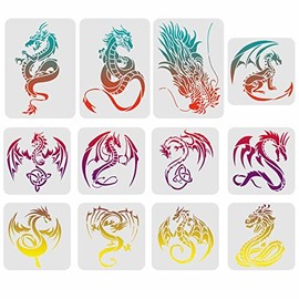 FINGERINSPIRE 12 Pcs Dragon Stencils Drawing Painting Templates Sets Plastic Flying Dragon Drawing Painting Stencils Dragon Template Sets for Painting on Wood, Floor, Wall and Tile