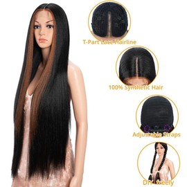 Style Icon Super Long Straight Lace Front Wig 36 inch Light Yaki Straight Hair Skunk Stripe Black with Brown Pre Plucked with Baby Hair Synthetic Heat Resistant Fiber