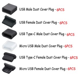 36 PCS 6 Types USB Anti Dust Cover Plugs, USB Type-C Dust Stopper, Silicone Soft Micro USB Cap Port Protector, Anti Dust Cover Protector Plugs Cap for USB A, Micro USB, Type C Ports (36PCS)