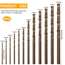 Pilikoll 24-Piece M35 HSS Cobalt Drill Bit Set with Twist Drill Bit 0.5 mm - 4.0 mm M35 Cobalt Drill Bit Set M35 Stainless Steel Drill Cobalt Drill Bit Set for Aluminium, Cast Iron, Copper, Metal