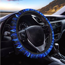 GLENLCWE Blue Flame Car Steering Wheel Cover and Seat Belt Pad Set, 15 Inch Steering Wheel Covers & Seat Belt Cover Shoulder Pads for Women Men