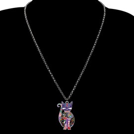 BONSNY Enamel Alloy Floral Kitten Cat Necklace Chain Pendant Fashion Jewelry For Women Charm Gift (Purple)