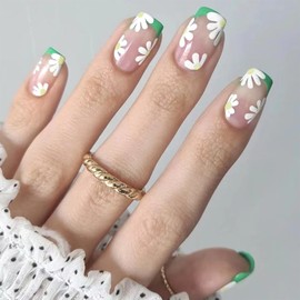 Vopintpy White Daisy Press on Nails Medium Square Fake Nails with Green French Tip Design Glossy Flower Acrylic Glue on Nails Reusable Full Cover Stick on Nails for Women Girls