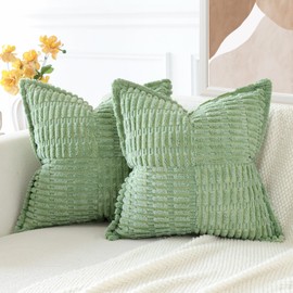 JOTOM Set of 2 Corduroy Soft Cushion Covers with Splicing 40x40 cm 16x16 Inch Striped Boho Decorative Throw Pillow Covers Home Decor Square Cushion Case for Couch Sofa Living Room Bed (Sage Green)