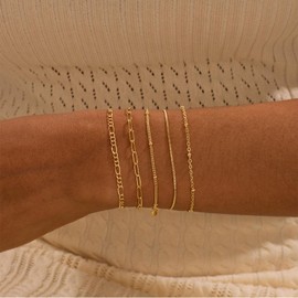 Gold Bracelets for Women Trendy, 14K Gold Plated Dainty Stackable Bracelet Stack Adjustable Beaded Tennis Paperclip Cuban Chain Link Layered Bracelet Jewelry Set Fashion Accessories Gifts for Women