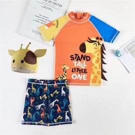 JELEUON Kids Baby Boys Two Piece Cartoon Giraffe Print Short Sleeve Swimsuits UV Rash Guard Swimwear Bathing Suits with Caps S Orange