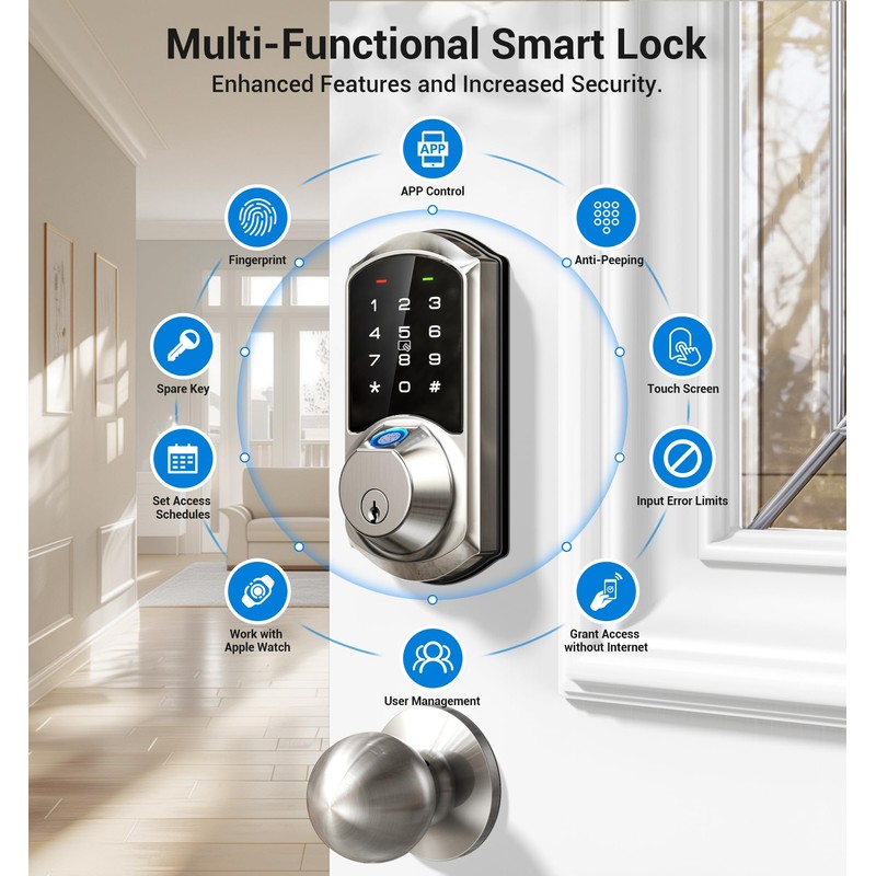 Veise Fingerprint Smart Lock for Front Door, 7-in-1 Keyless Entry